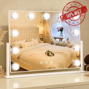 FENNIO Hollywood Mirror with Lights，Vanity Mirror with Lights，Makeup Mirror with 3 Color Modes，11 Dimmable Bulbs for Dressing Room & Bedroom，16" L x 13" W (White)