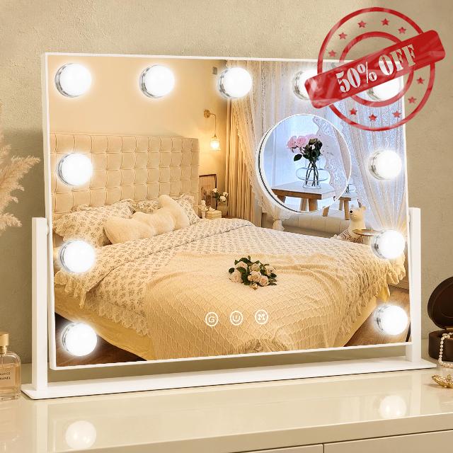 FENNIO Hollywood Mirror with Lights，Vanity Mirror with Lights，Makeup Mirror with 3 Color Modes，11 Dimmable Bulbs for Dressing Room & Bedroom，16" L x 13" W (White)