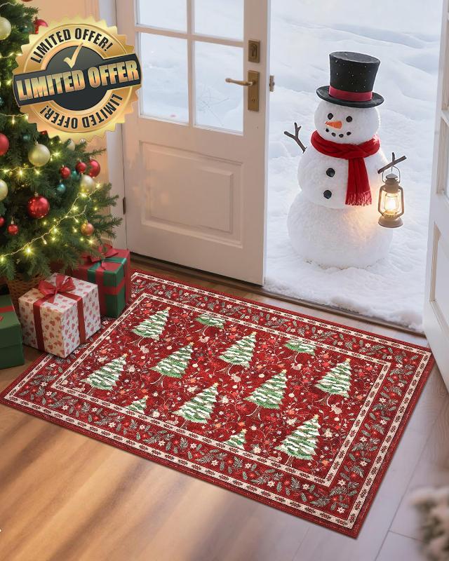 GarveeHome Red Christmas Doormat 2x3 Rug Non-Slip Washable for Entryway Indoor Small Kitchen Rugs Soft Bathroom Rugs Christmas Tree Animals Print Holiday Decor Low-Pile Door Ma