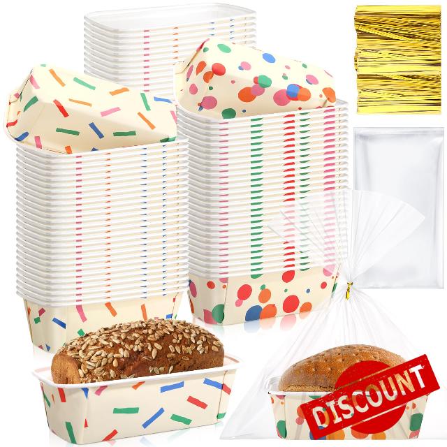 Honeydak 100 Sets Mini Loaf Pans Disposable Holiday Paper Baking Pans Bulk for Baking 6.3 x 2.2 x 2.2 in Mini Loaf Trays with Clear Plastic Packaging Bags and Ties Rectangle Food Trays (Confetti)