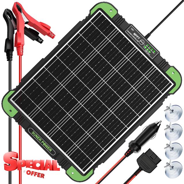 SUNER POWER 20W 12V Solar Battery Charger Maintainer Ultra