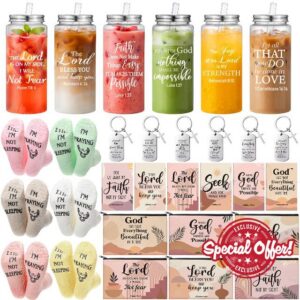 Mimorou 30 Pcs Bulk Christian Gifts for Women 13.5 oz Bible Verse Plastic Tumblers with Lids Straws Religious Socks Boho Cosmetic Bags Notepads Scripture Keychains Church Favors Christmas Faith Gifts