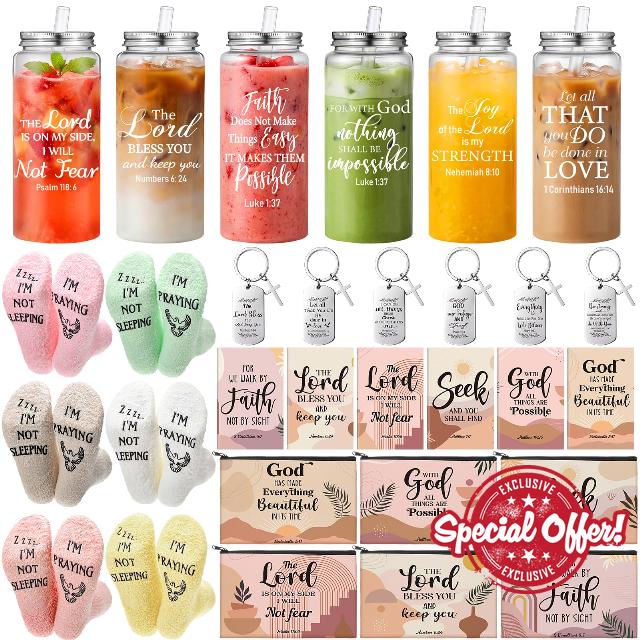 Mimorou 30 Pcs Bulk Christian Gifts for Women 13.5 oz Bible Verse Plastic Tumblers with Lids Straws Religious Socks Boho Cosmetic Bags Notepads Scripture Keychains Church Favors Christmas Faith Gifts