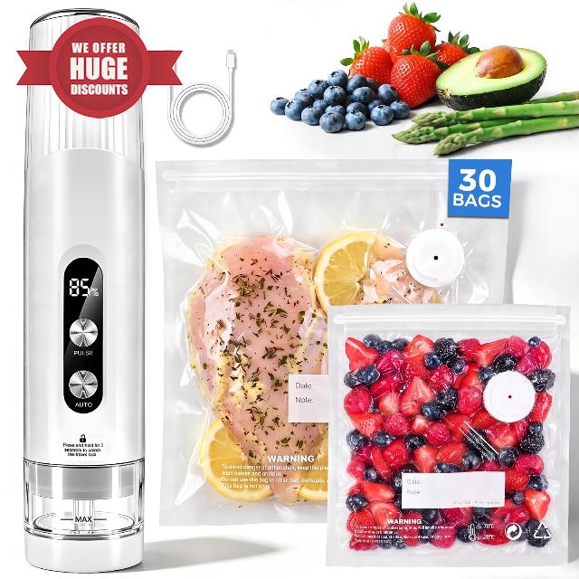 Compact Handheld Food Vacuum Sealer with 30 Reusable Vacuum Bags                                                          Keeps food fresh up to 5X longer