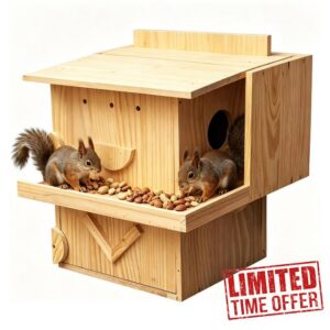 Handmade Extra-Large 2-Story Squirrel House with L-Shaped Feeder Porch - Solid Wood Nest Box for Tree or Fence - Easy-Clean Dual Access - DIY Seal Ready - Mounting Ki