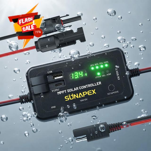 SUNAPEX 12V 15A MPPT Solar Charge Controller All Weather Waterproof                                                          IP68 Waterproof | Real-Time Battery Voltage & Current Monitoring | USB & Type-C Charging | LiFePO4 AGM & Gel Compatible