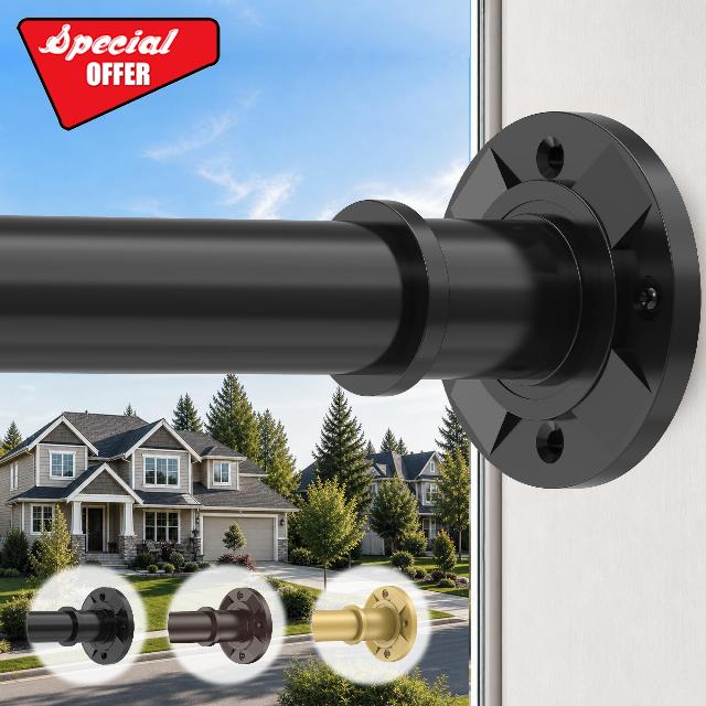 Extra Long Tension Curtain Rod 31-180 In 15ft Heavy Duty Shower Rod                                                          Black Adjustable No Drilling Tension Rods for Outdoor Bathroom Window 1.1" Diameter Rustproof Stainless Steel Non Slip