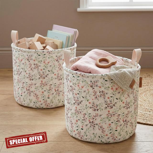 Floral Quilted Block Print Baby & Kids Nursery Storage Bin Basket Soft Quilted