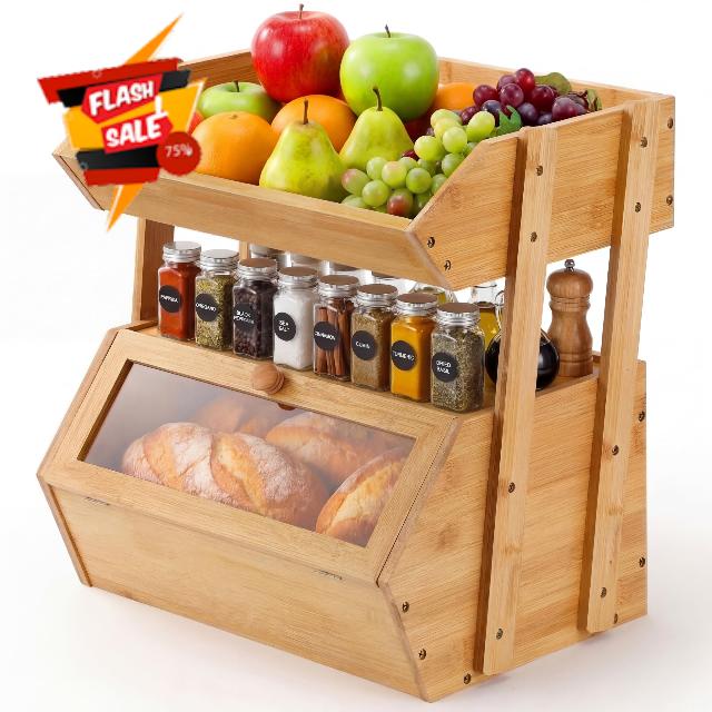 3 Tier Bamboo Bread Box with Fruit Basket for Kitchen Counter