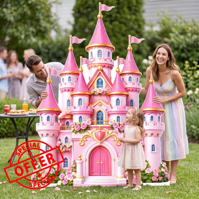 Qunclay 4.5 ft Pink Princess Castle Cardboard Cutout Fairy Tale Castle Party Decoration Life Size Photo Booth Prop Standee Stand up 3D Display Backdrop Decor for Birthday Tea Party Baby Showe
