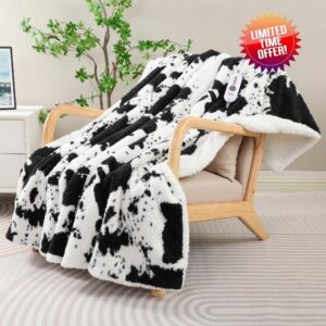 Cow Print Electric Blanket - Soft Knitted Sherpa Heated Throw with 4 Heat Levels 4 Hours Auto-Off