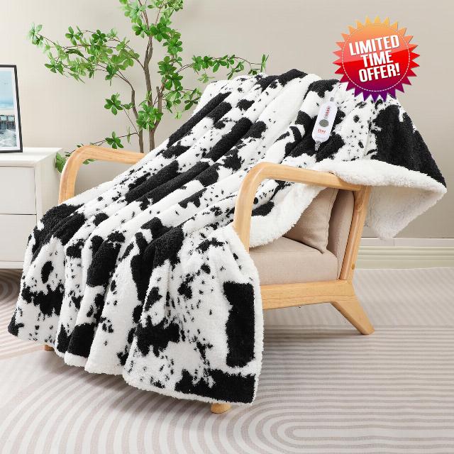 Cow Print Electric Blanket - Soft Knitted Sherpa Heated Throw with 4 Heat Levels 4 Hours Auto-Off