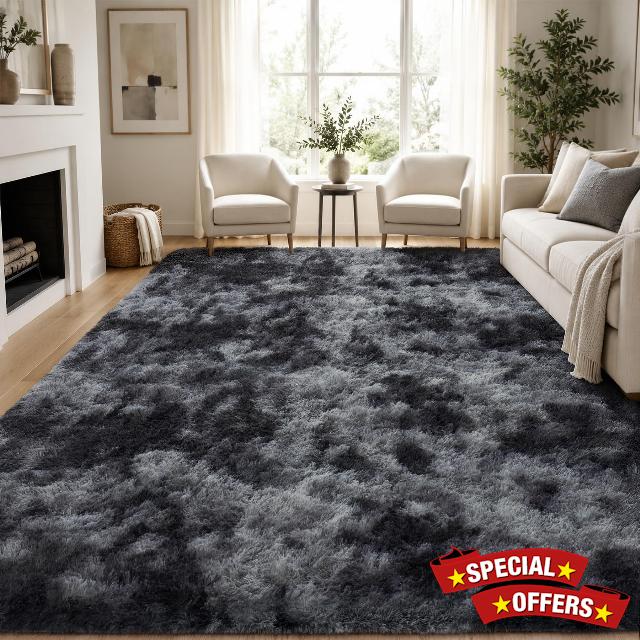 PLHXFR 8x10 Area Rugs Living Room: Fluffy Bedroom Soft Shag Rug Black Grey | Upgrade Non-Slip High Pile Carpet Fuzzy Plush Indoor Floor Decor Shaggy Rugs for Kid Boys Girls Playroom Nursery Modern Home