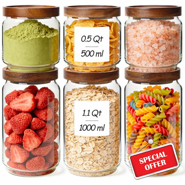 ComSaf Glass Pantry Storage Container with Acacia Wood Lids 1.1/0.5Qt 6Pack | Food Canister for Cooks