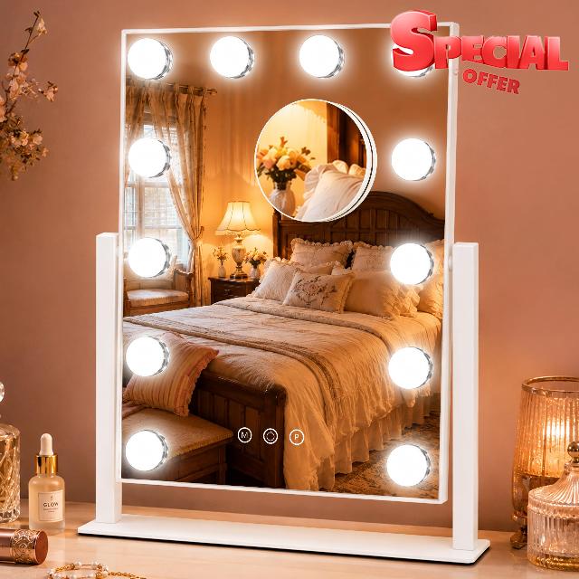 FENNIO Vanity Mirror with Lights，Makeup Mirror with Lights，Hollywood Mirror with 3 Color Modes，12 Dimmable Bulbs for Dressing Room & Bedroom，13" L x 16" W(White)