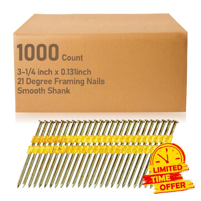 21 Degree Framing Nails | 3-1/4 Inch x .131 | for Metabo Framing Nail Gun | Full Round Head | Smooth Shank | High-Strength Painted | 1