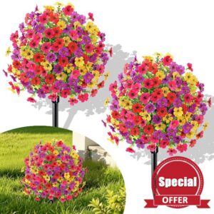 2PCS Artificial Topiary Ball Flowers for Outdoors UV Resistant Faux Plants | KHOYIME Fake Shrubs Bushes with Ground Spike Spring Summer Realistic Floral for Planters Porch Patio Yard Garden Indoor Deco