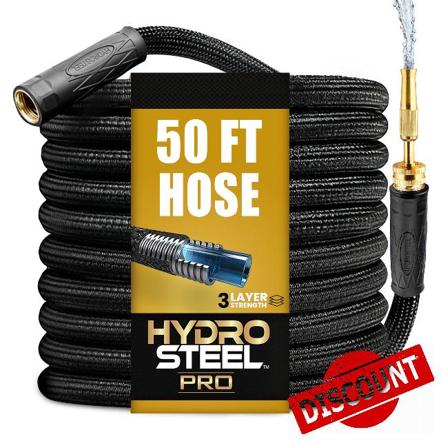 Hydrosteel PRO 50 Ft Heavy Duty Metal Garden Hose with Brass Nozzle | Made from 304 Stainless Steel