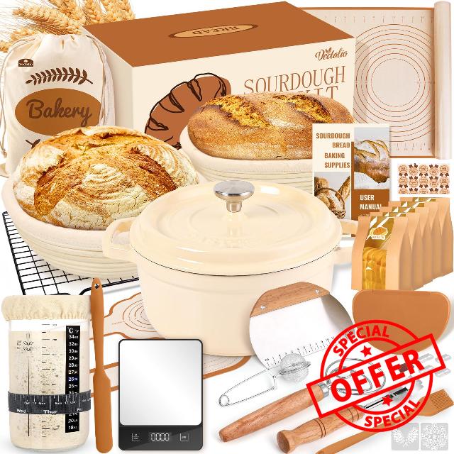 Sourdough Starter Kit Complete Set with Dutch Oven and Scale | 9" Round & 10" Oval Proofing Baskets