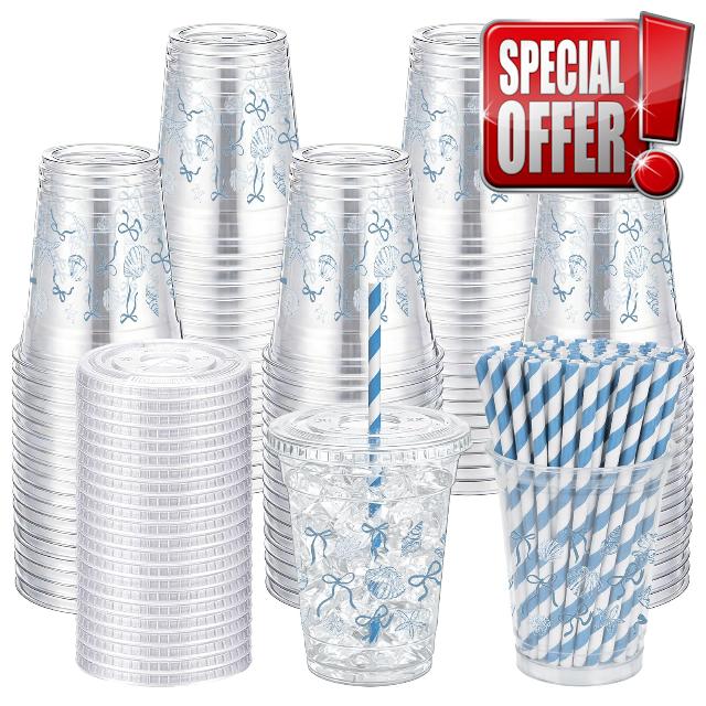 LemonRoad 60 Sets 16 oz Bachelorette Last Toast on the Coast Cups Seashell Cups with Lids Straws for the Summer Party Decor Bridal Shower Summer Beach Party Supplies