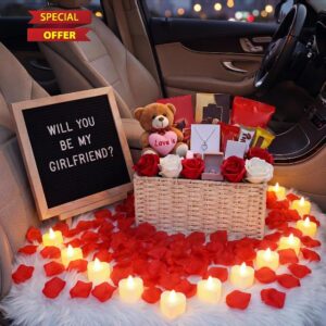 Ceenna Will You Be My Girlfriend Proposal Kit Romantic Gift Basket Set with Letter Board 1000 Rose Petal 12 Heart LED Light Basket for Girlfriend Asking Anniversary Wedding Decor(Beige