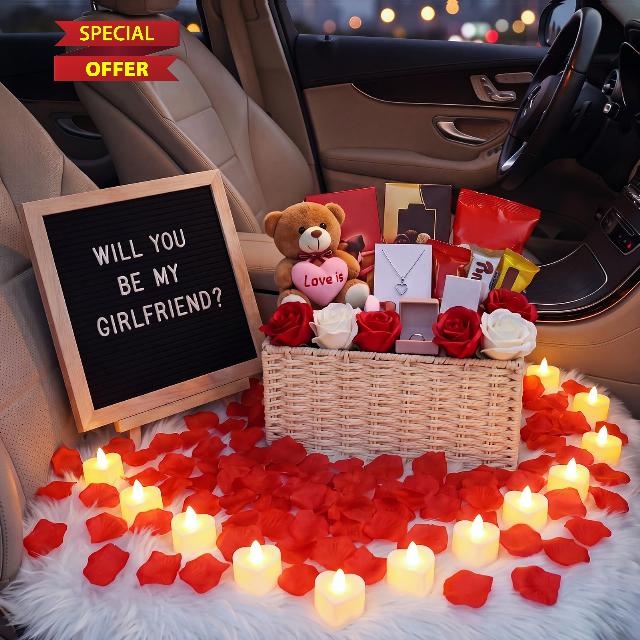 Ceenna Will You Be My Girlfriend Proposal Kit Romantic Gift Basket Set with Letter Board 1000 Rose Petal 12 Heart LED Light Basket for Girlfriend Asking Anniversary Wedding Decor(Beige