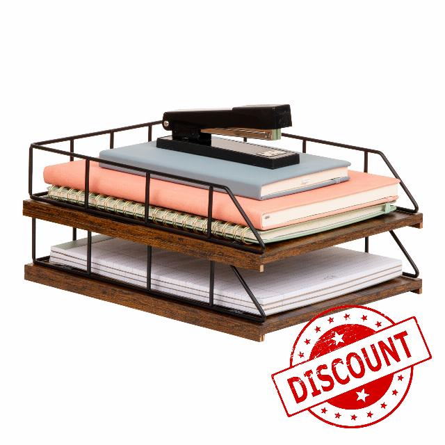 Mind Reader 2-Tier Rustic Letter Tray Organizer with Metal Frame