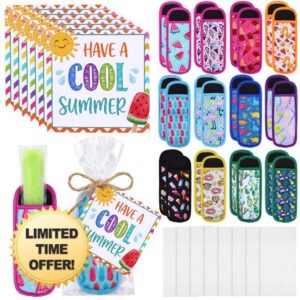 Rtteri 24 Set Summer Ice Pop Sleeves Bulk for Students Ice Pop Holders Neoprene Insulator Sleeves with Gift Cards Reusable Freezer Bag for Summer Graduation(Colored Patterns)