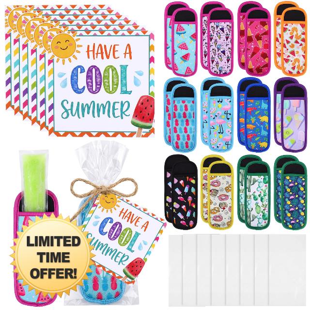 Rtteri 24 Set Summer Ice Pop Sleeves Bulk for Students Ice Pop Holders Neoprene Insulator Sleeves with Gift Cards Reusable Freezer Bag for Summer Graduation(Colored Patterns)
