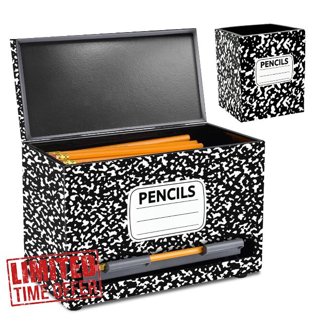 2Pcs Back to School Pencil Dispenser Composition Pen Storage Box Wooden Printing Pencil Holder Decor for Teacher Appreciation Office Kitche