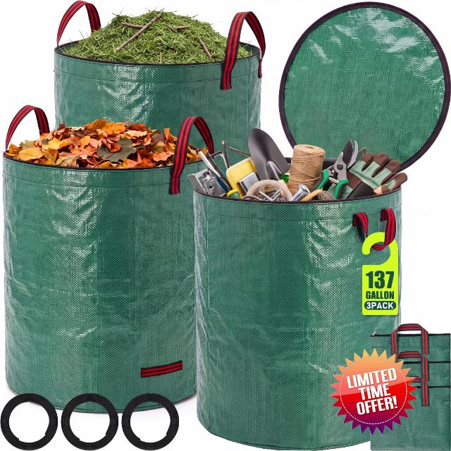 Fuyoooo 3 Pack 137 Gallon Reusable Yard Waste Bags Bulk with Zipper Lid Extra Large Lawn Leaf Bags 4 Handles Heavy Duty PP Woven Fabric Containers for Trash Grass Clippings Outdoor Recycling(31 x 39")