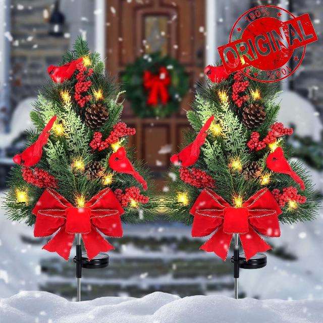 2 Pack Outdoor Pathway Christmas Tree Urn Filler Solar Waterproof Cemetery Xmas Tree Faux Poinsettias Pine Cones Red Brids Berries Pathway Light Ornament Stakes for Yard Garden Lawn Walkway Cemetery