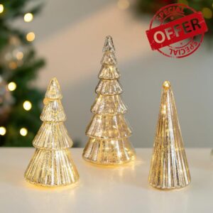 Glasseam Glass Christmas Tree Silver: Set of 3 Mercury Glass Christmas Decorations Indoor Tabletop Xmas Led Lighted Trees with Timer for Centerpieces Fireplace Mantel Home Deco