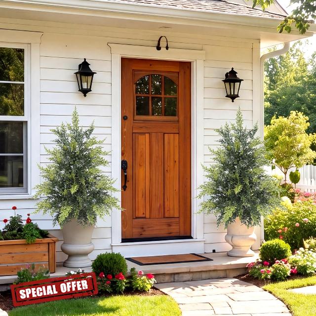 Outdoor Artificial Topiary Cedar Tree Real Touch Faux Pine Evergreen Shrub Plant UV Resistant Greenery Tree with Pot Realistic Cypress Front Porch Decor (2FT-1Pack)
