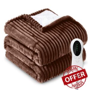 Heated Blanket Electric Throw - Soft Ribbed Flannel Sherpa Electric Blanket