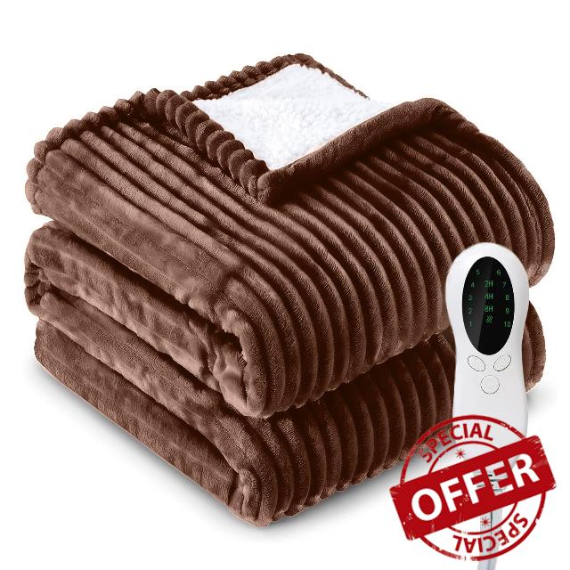 Heated Blanket Electric Throw - Soft Ribbed Flannel Sherpa Electric Blanket
