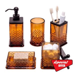 JKE Heavy Glass 5Pcs Amber Bathroom Set Accessories Vintage                                                          Bathroom Soap Dispenser Set Perfect For Countertop Organization Crystal Glass Bathroom Accessories se