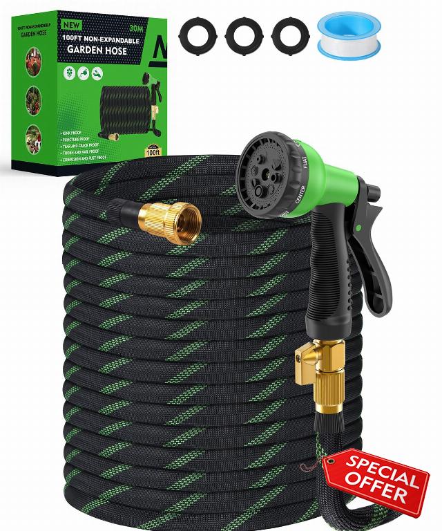 100ft Garden Hose，Non-Expandable Water Hose with 8 Function Spray Nozzle