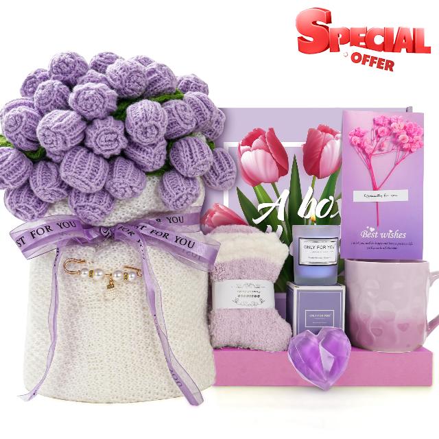 Handmade Knitted Crochet Flower Bouquet Blanket Gifts Basket for Women