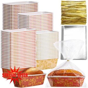 Vesici 100 Sets Paper Loaf Pans for Baking 6.3 x 2.2 x 2.2 Inch Mini Disposable Cake Pan Liners with Clear Plastic Bags and Ties Fall Christmas Rectangle Paper Bread Baking Mold for Cake Bakery
