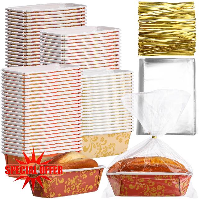 Vesici 100 Sets Paper Loaf Pans for Baking 6.3 x 2.2 x 2.2 Inch Mini Disposable Cake Pan Liners with Clear Plastic Bags and Ties Fall Christmas Rectangle Paper Bread Baking Mold for Cake Bakery