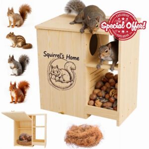Large Wooden Squirrel House for Outside Widened Squirrel Box with Feeder and Platform Anti-Predator Solid Pine Squirrel Nesting Box Wildlife Habitat Shelter for Outdoor Backyard Tree