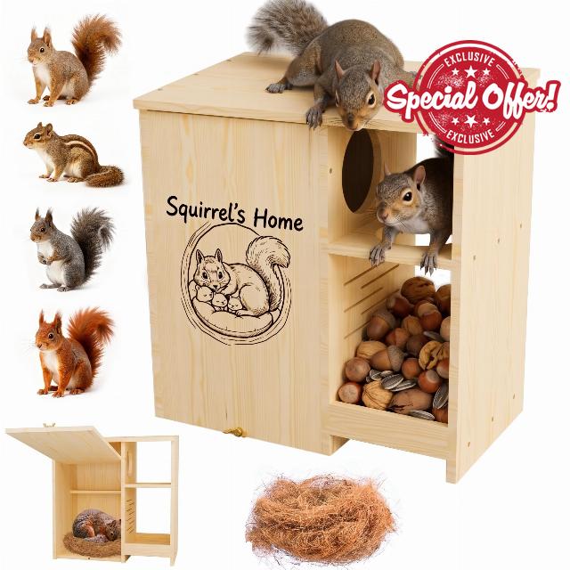 Large Wooden Squirrel House for Outside Widened Squirrel Box with Feeder and Platform Anti-Predator Solid Pine Squirrel Nesting Box Wildlife Habitat Shelter for Outdoor Backyard Tree