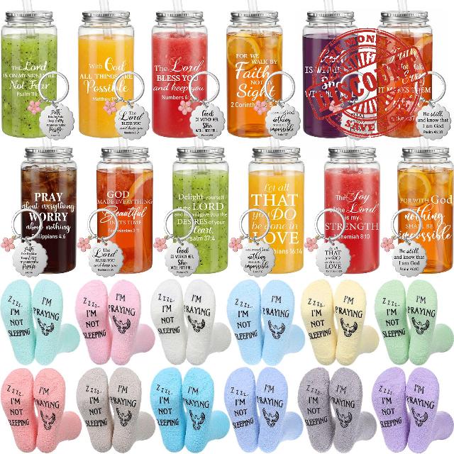 Unittype 36 Pcs Christian Gifts Bulk Mother's Day Church Gift 13.5 oz Bible Verse Plastic Cup with Lid Straw Religious Prayer Socks Inspirational Keychain for Women Men Christian Party Favo