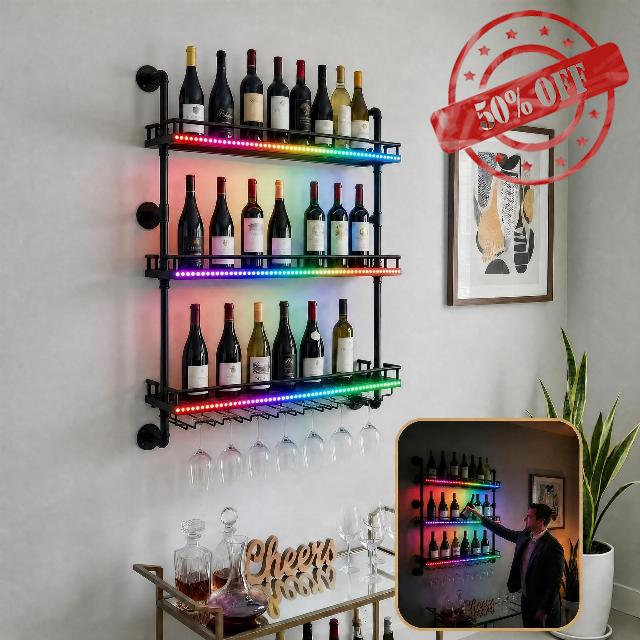 foxsky 30 Inch Industrial Pipe Wine Rack Wall Mounted with LED Light                                                          3 Tier Floating Bar Shelves Wine Bottle Display Shelf with Glass Holder