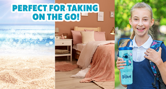 Text includes '850ML CAPACITY'. Marketing banner featuring blue cartoon character design with text overlays about product capacity specifications.