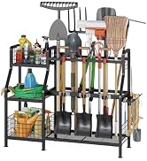 keomaisyto Garden Tool Organizer with Basket, 3 Tier Yard Tool Storage Rack for Garage Organizati...