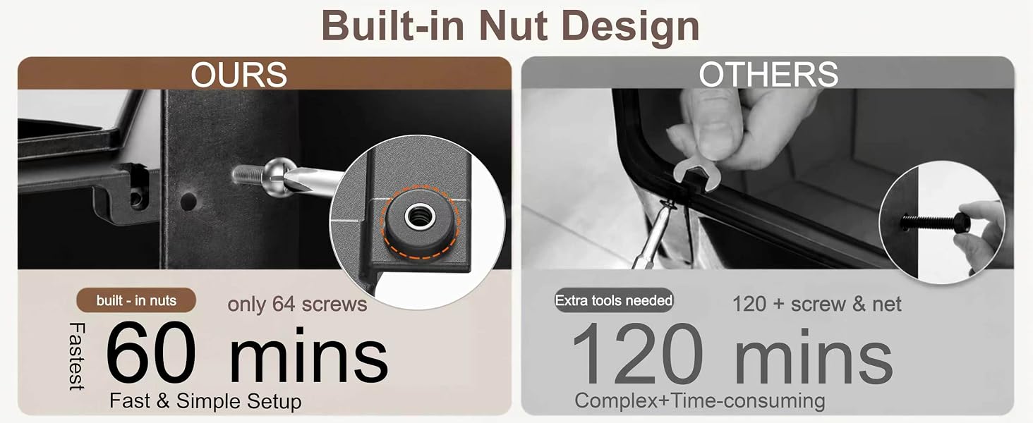 Heavy duty tumbling composter with preembedded nuts for quick and easy assembly installation.