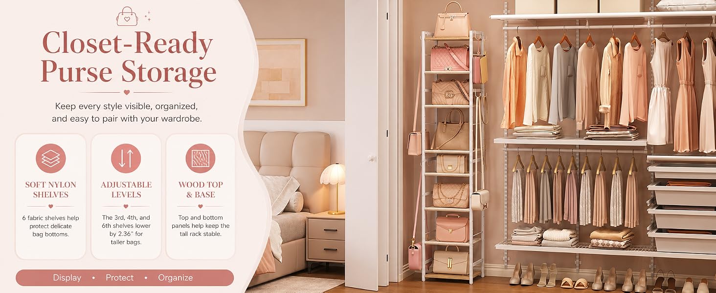 MADE FOR NARROW SPACES A compact footprint with 8 movable hooks for long-strap bags.