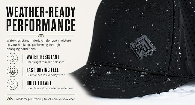 Black Terreno performance hat with water droplets highlighting water-resistance